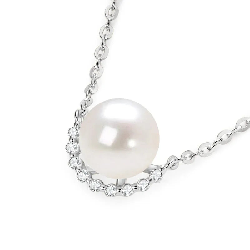 Women's 925 silver pendant necklace with pearl inlay and rhinestone accents in gold finish