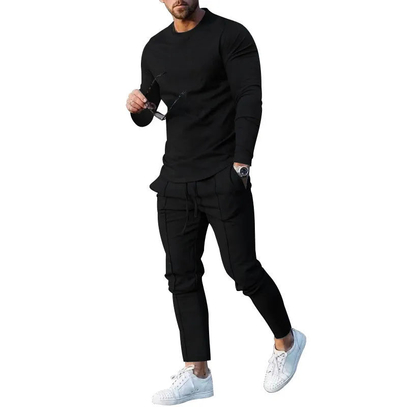 Men's light grey two-piece casual suit set with long sleeve round neck T-shirt and trousers