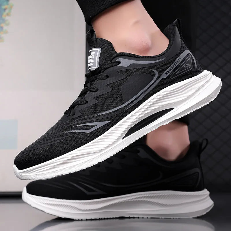 Men's black mesh casual platform shoes with round toe and rubber sole