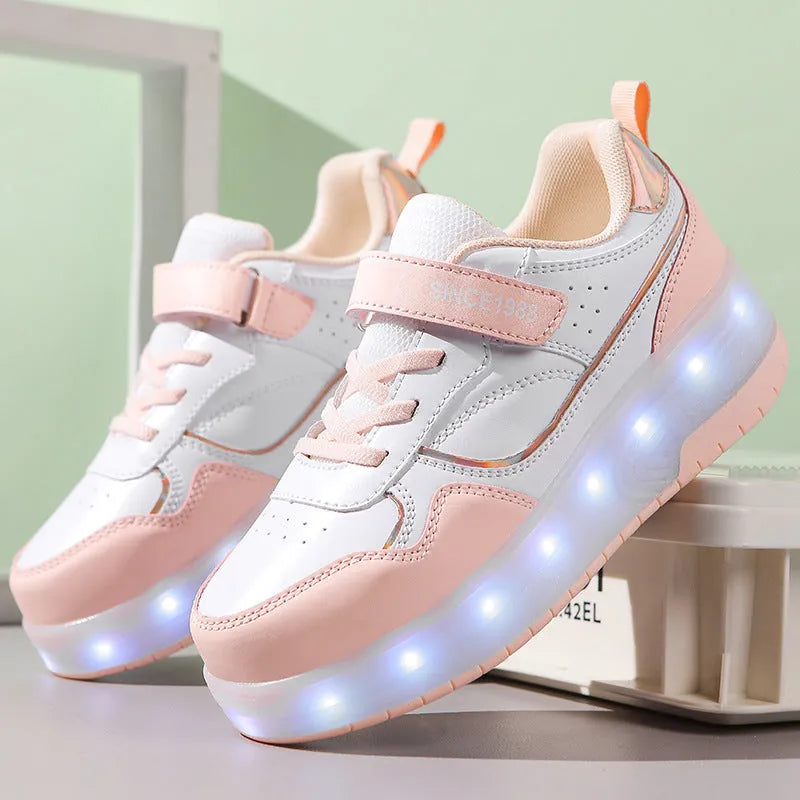 Child wearing rechargeable roller skates with illuminated flash wheels in a choice of colours