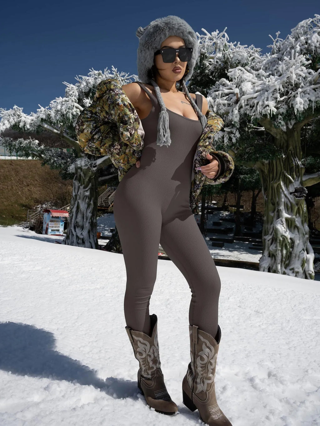 Women's beige spandex suspender tank top tights with long sleeves and button detailing