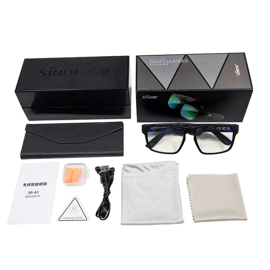 Smart Bluetooth sunglasses with black frame and stereo speakers on a table