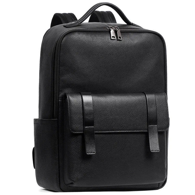 Men's black leather computer backpack with woven detailing and substantial 36-55 litre capacity