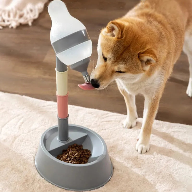 Green adjustable height pet water dispenser with detachable pole and bowl for dogs and cats.