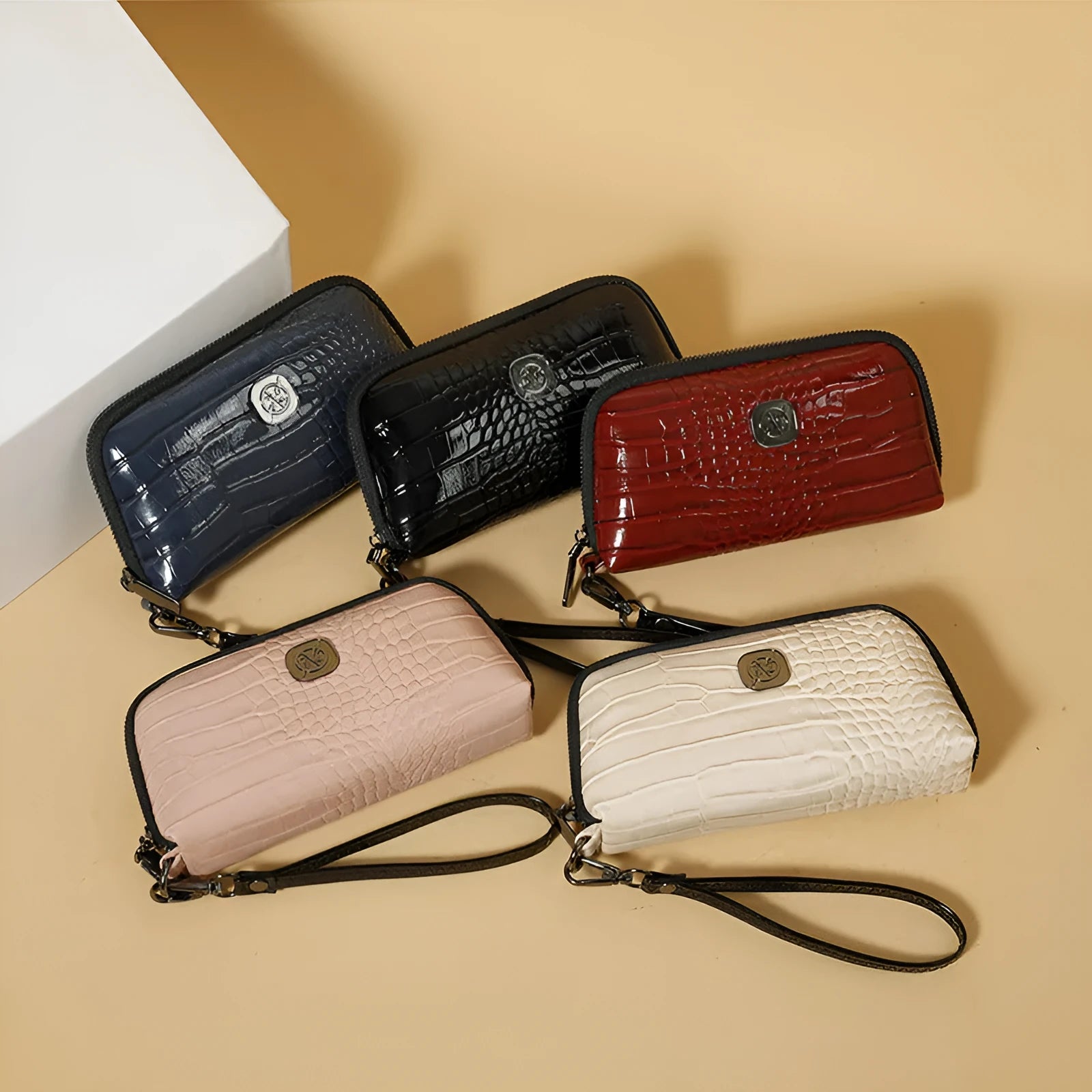 Hand-held Crystal Bamboo Pattern mobile phone bag in black, rectangular shape, 19x5x10cm, PU material, with interior pockets.