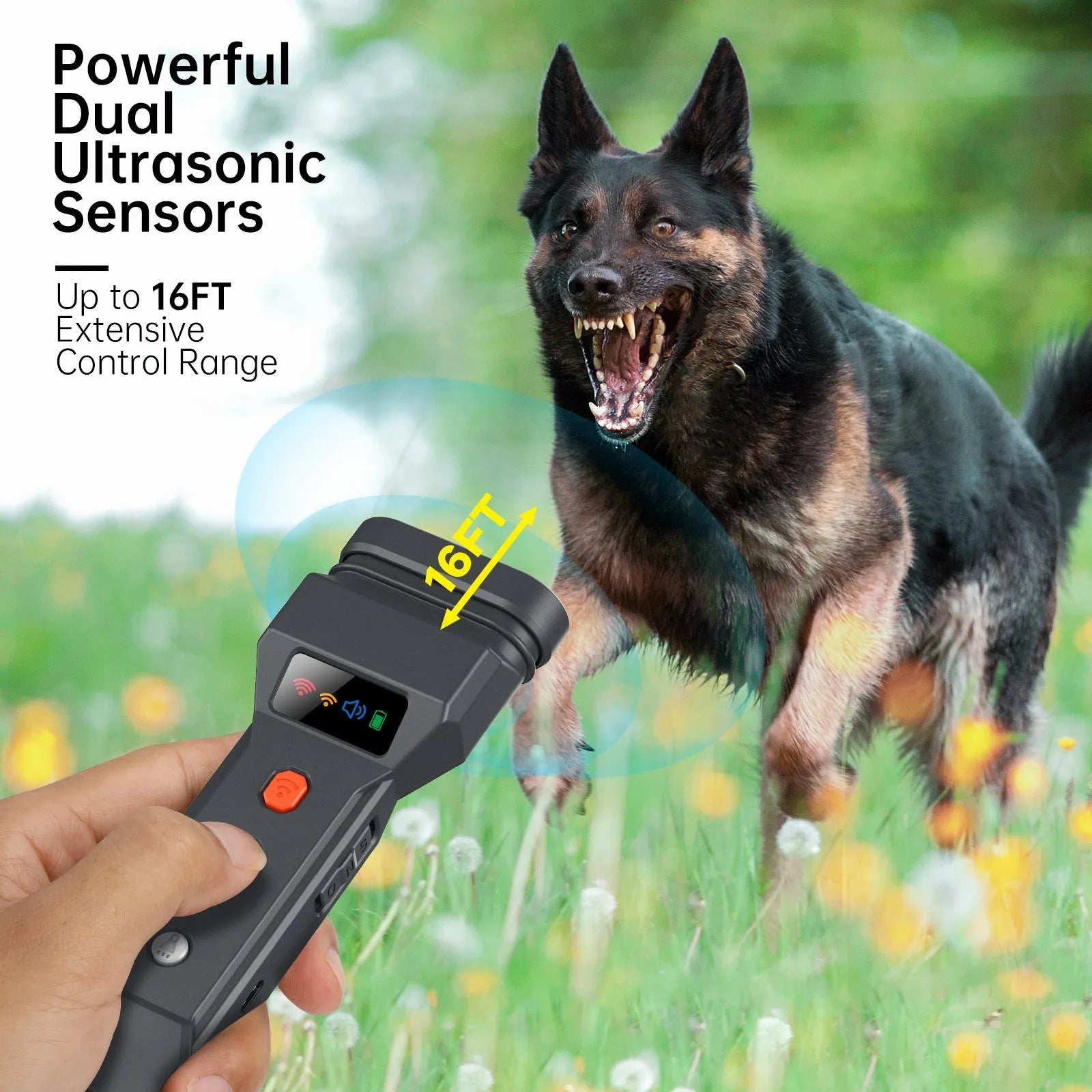Portable three-head ultrasound bark stopper with plastic casing and data cable for dog training