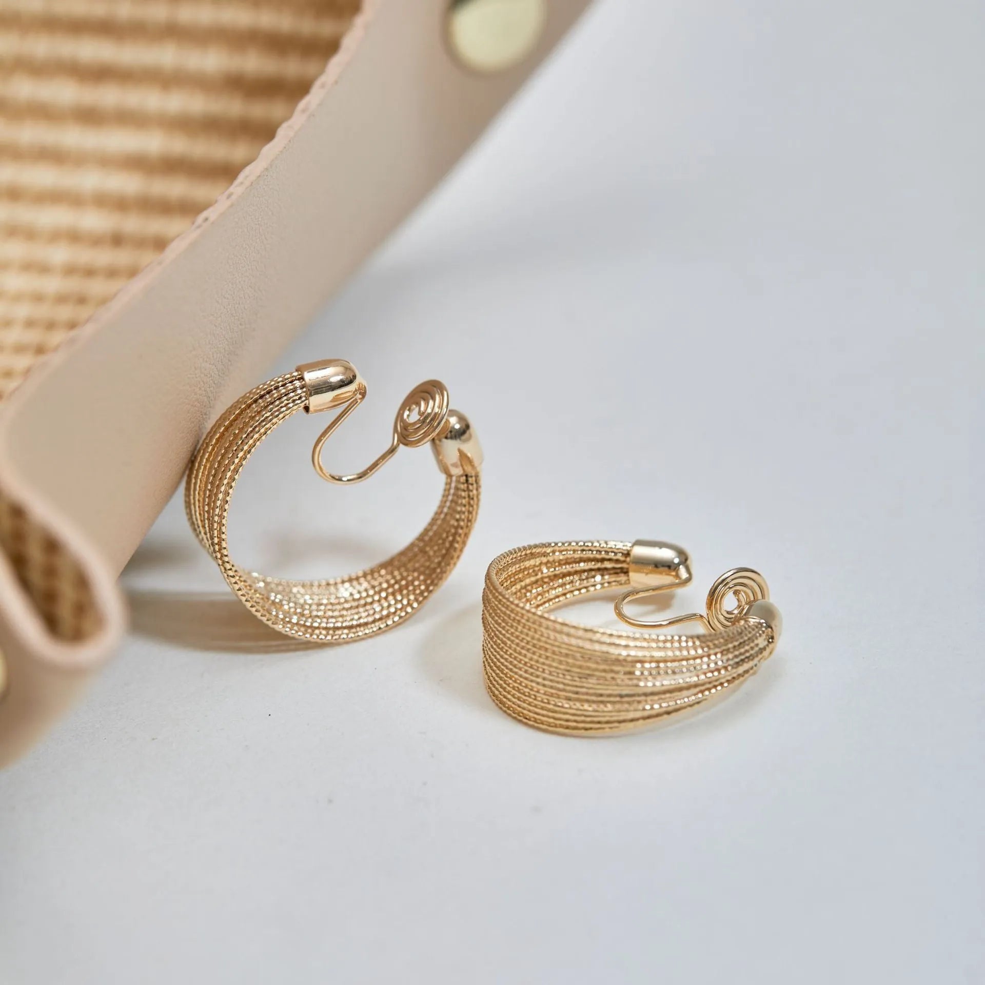 Geometric multi-layer bracelet earrings in silver and gold electroplated copper with stud and clip-on options