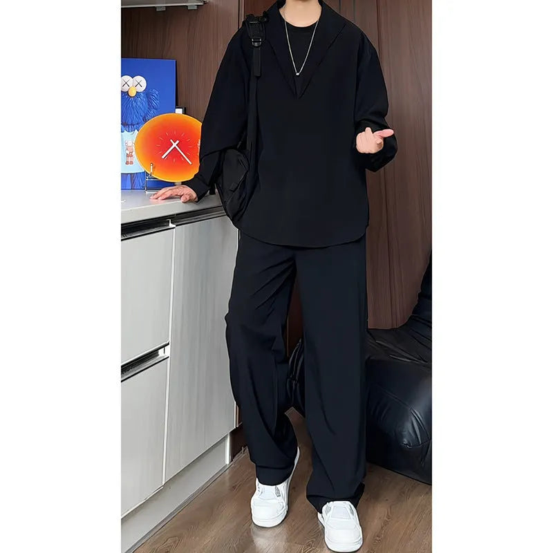 Men's black slim fit long sleeve polo shirt and trousers casual two-piece suit set