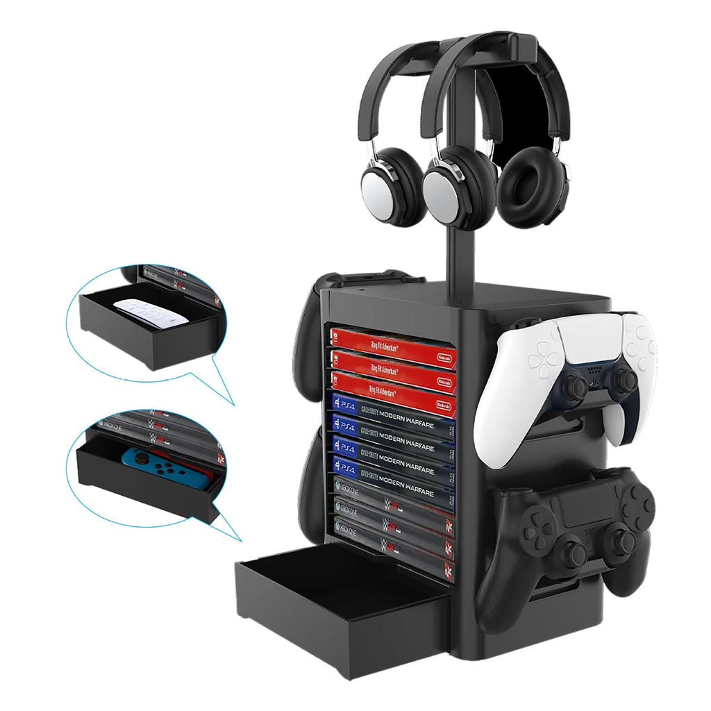 Black ABS gaming console storage rack holding headphones, controllers, and game cases.