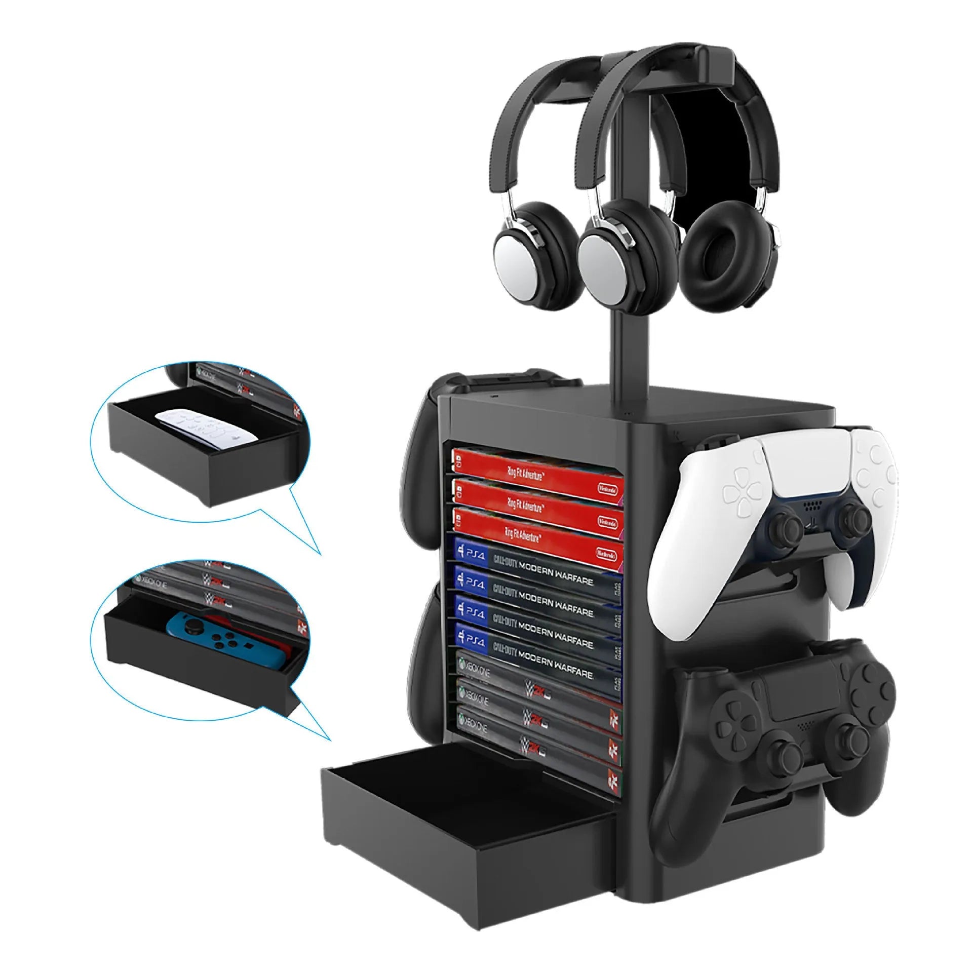 Black ABS gaming console storage rack holding headphones, controllers, and game cases.