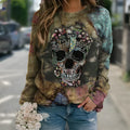 Black long sleeve sweatshirt with skull print design on polyester fabric