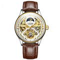 Men's gold leather strap automatic mechanical watch with business styling