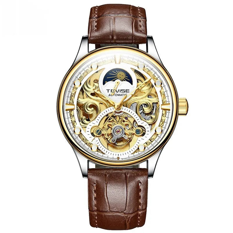 Men's gold leather strap automatic mechanical watch with business styling