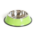 Stainless steel pet bowl with colourful melamine exterior showing dual compartment design