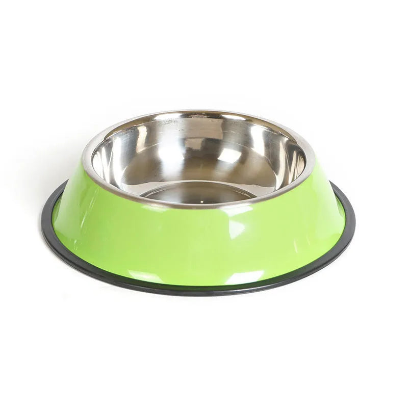 Stainless steel pet bowl with colourful melamine exterior showing dual compartment design
