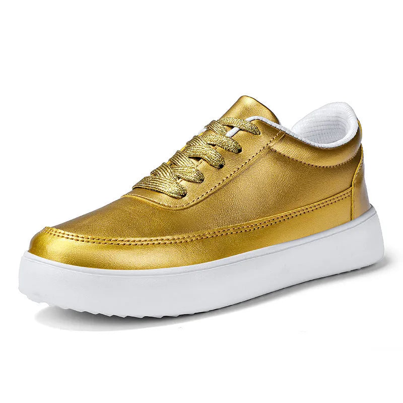 Women's leather casual flat shoes with front lace-up fastening in metallic colours