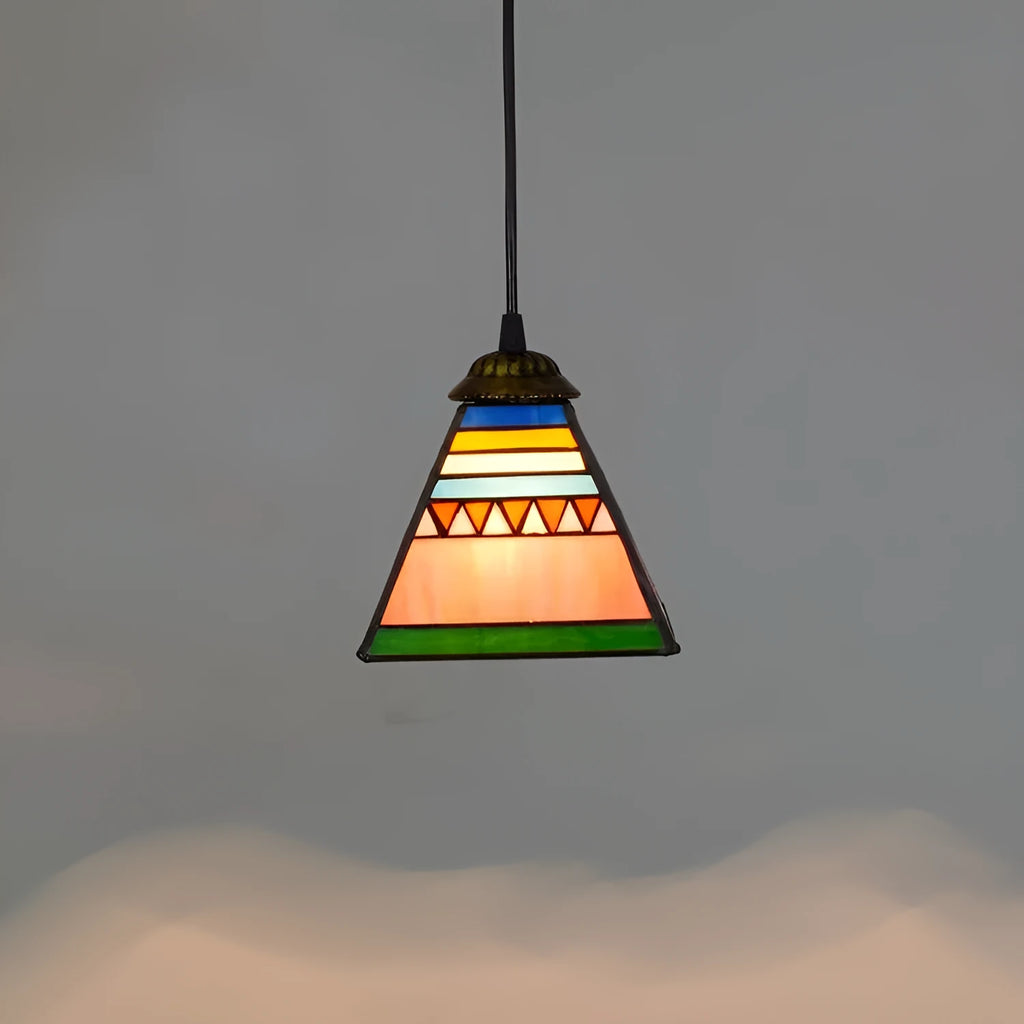 Art stained glass droplight pendant with coloured glass shade and iron mounting hardware