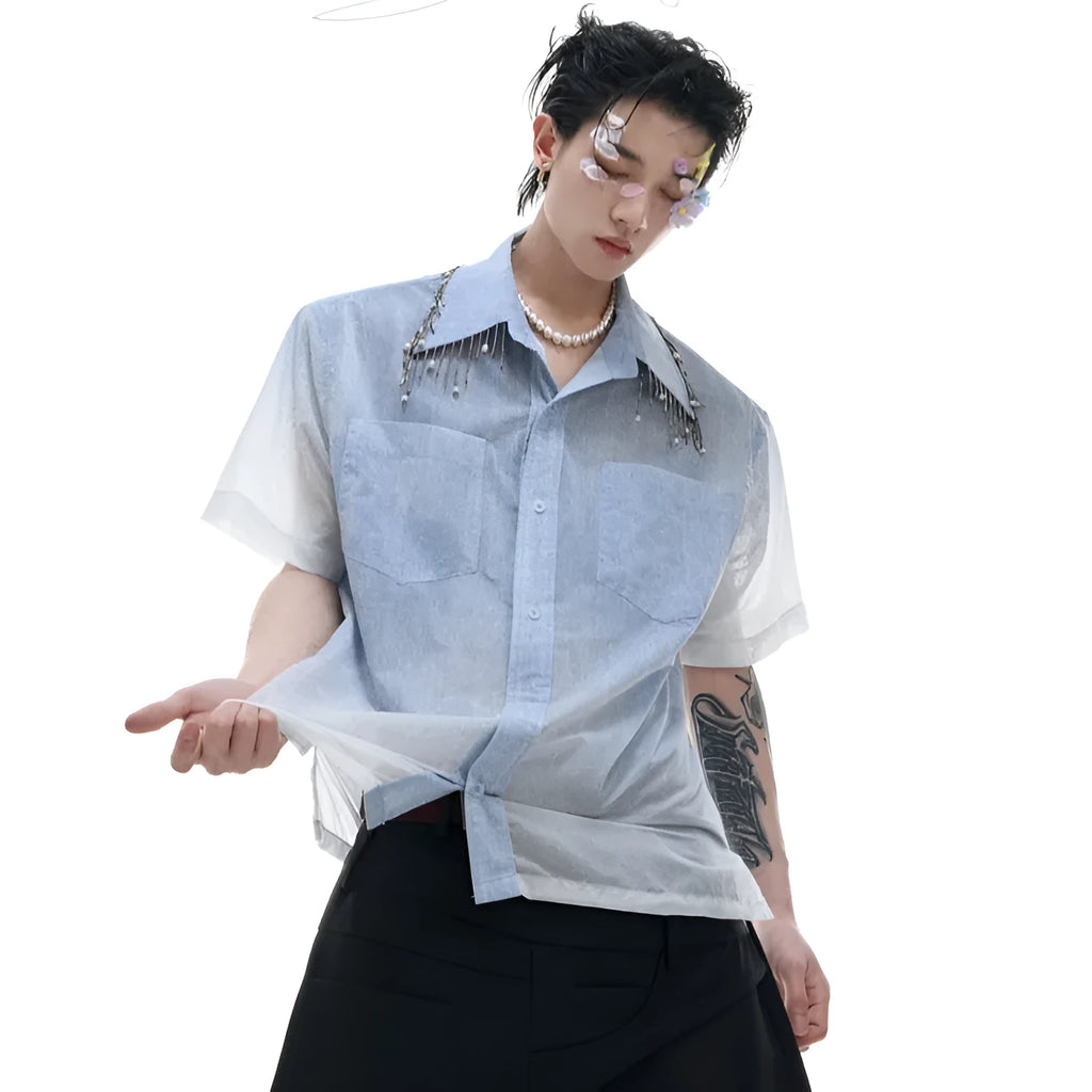 Blue and white gradient men's short sleeve casual shirt with loose fit design