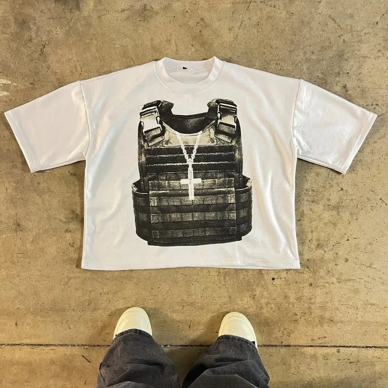 Printed cotton short sleeve retro street style t-shirt with drop-shoulder design in multiple colour options