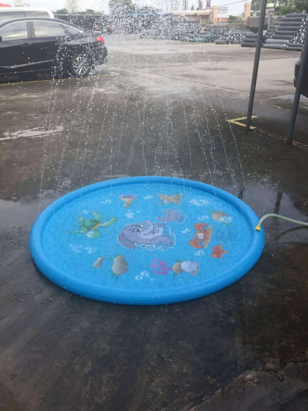 Blue PVC children's water spray play mat with marine animal prints, connected to a garden hose.