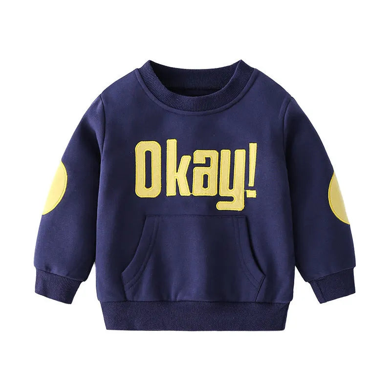 Boys casual cotton sweatshirt with English letter print, round neck, long sleeves, in navy blue, size 110cm