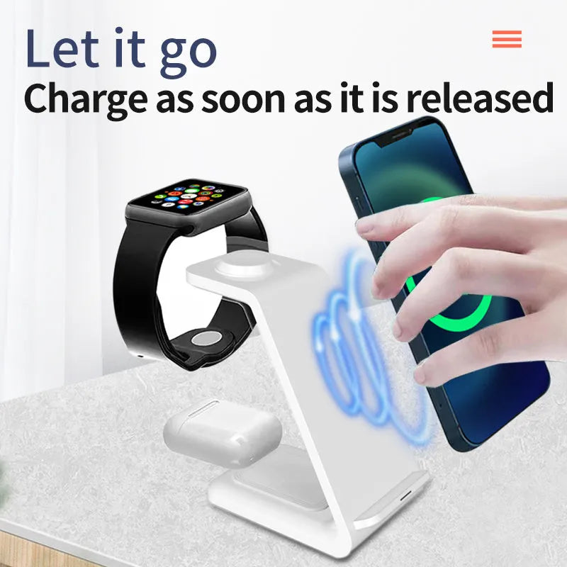 White 3-in-1 upright wireless phone charger with dual coil technology and Type-C cable