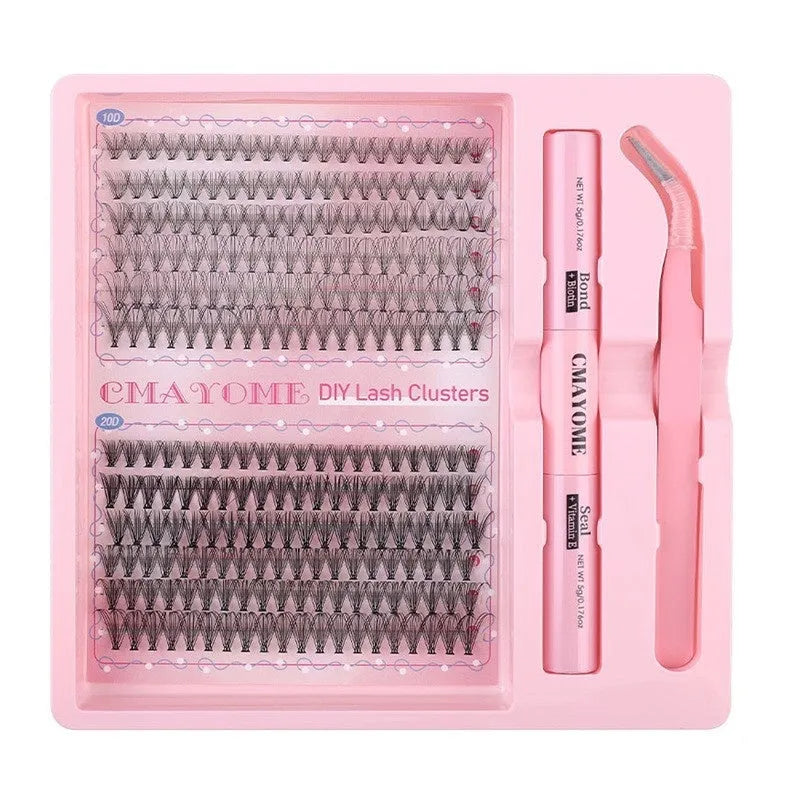 DIY single cluster false eyelashes with artificial fibre construction and applicator tools for custom placement