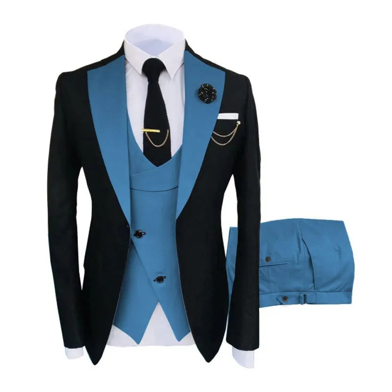 Men's black slim fit three-piece suit with vest and trousers on a hanger for formal weddings
