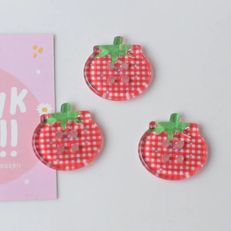 Set of medium-sized plastic or resin round tomato buttons with printed patterns in mixed or solid colours