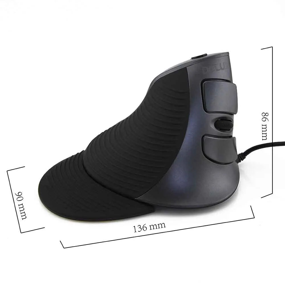 Black ergonomic vertical computer mouse with rat-sized design and USB cable