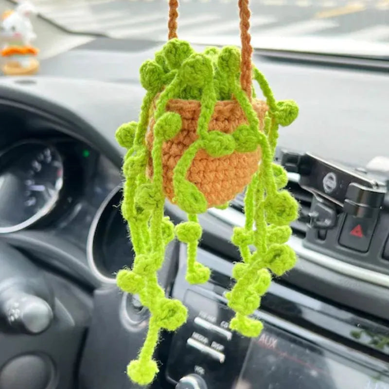 Green and white knitted wool succulent car ornament with 8cm base and hanging cord