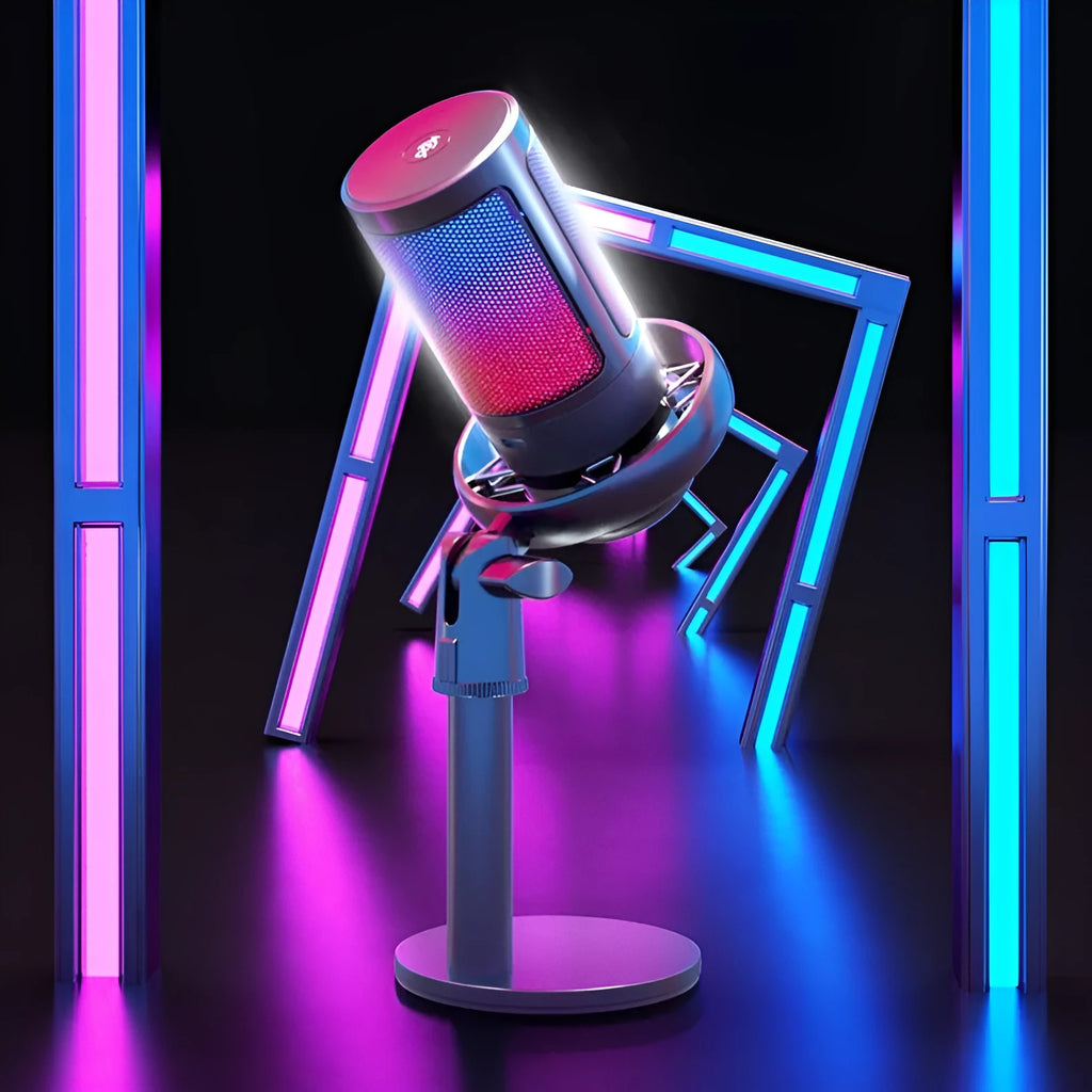 USB condenser microphone with colourful LED lighting effects on cantilever stand