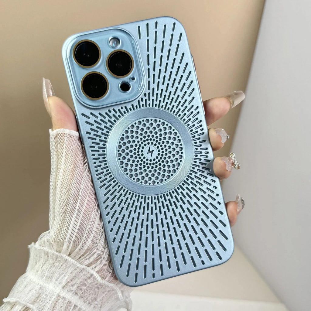PC phone case with breathable heat dissipation hollow design in platinum black for iPhone 13