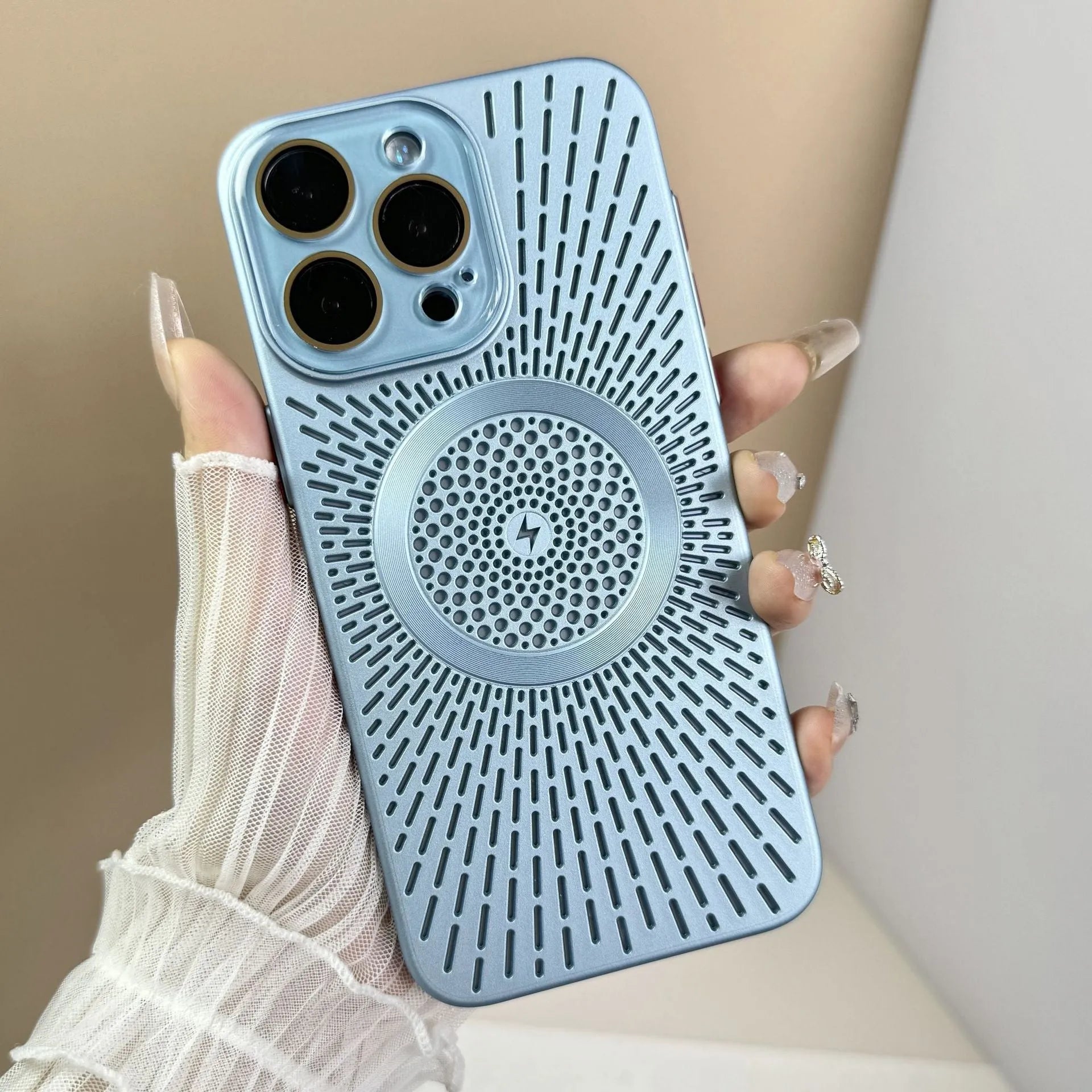 PC phone case with breathable heat dissipation hollow design in platinum black for iPhone 13