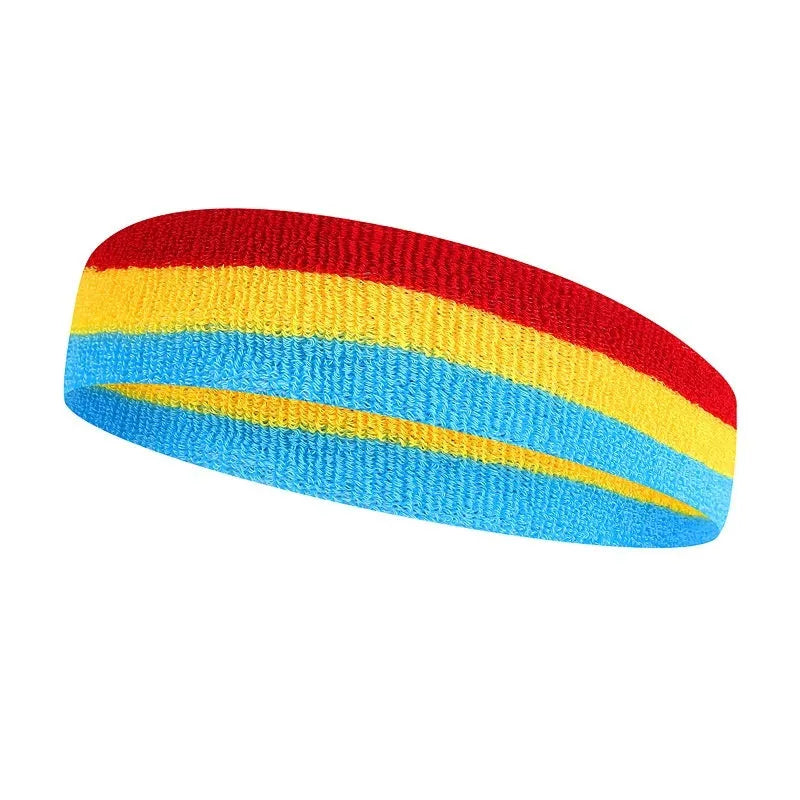 Adult sports headband in multiple colours including blue and red yellow, shown flat displaying 5.5cm width.