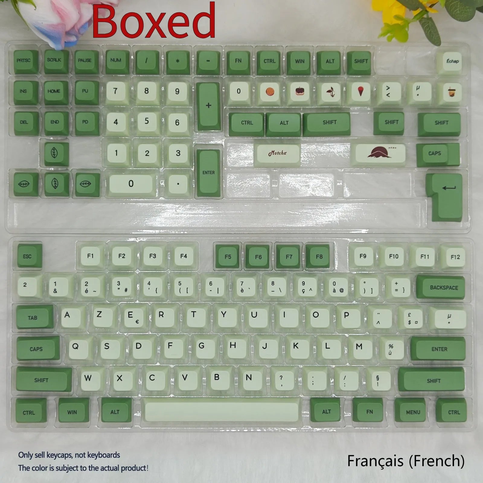 Full set of 124 matcha green PBT keycaps for a mechanical keyboard, showing various international layout options.