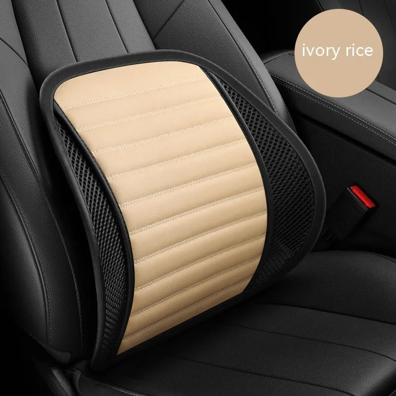 Genuine leather car lumbar support cushion shown in sapphire blue colour
