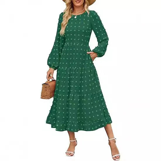 Women's long sleeve autumn dress with ruffle sleeves and high waist in solid colour options