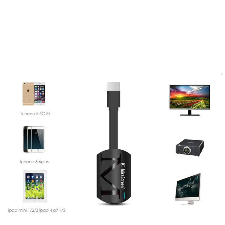 Small black USB HDMI dongle for smartphone screen mirroring with 1080p output.