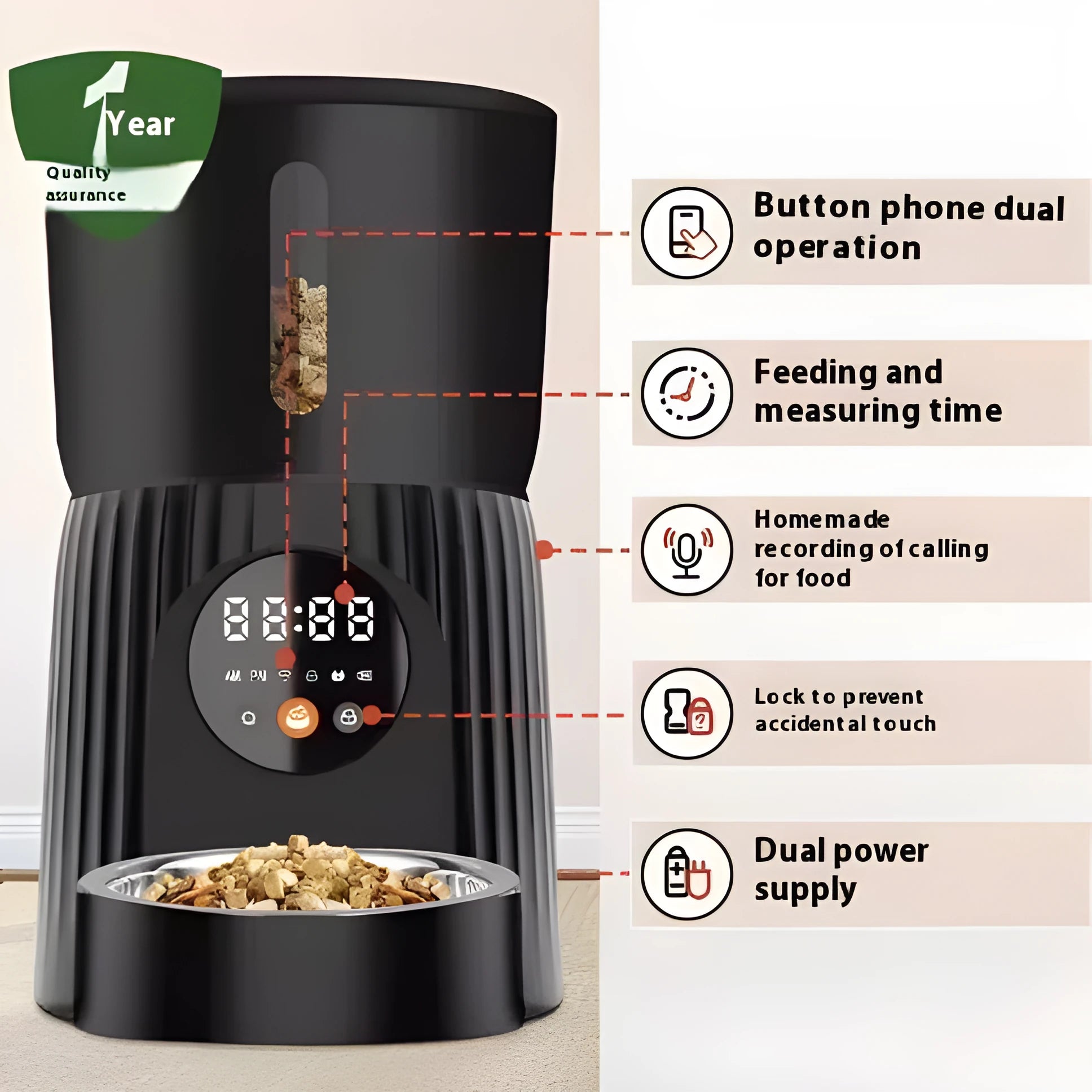 Black automatic pet feeder with digital display and food container on kitchen counter
