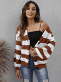 Women's striped cardigan with button front in deer plush fabric, shown in available colours