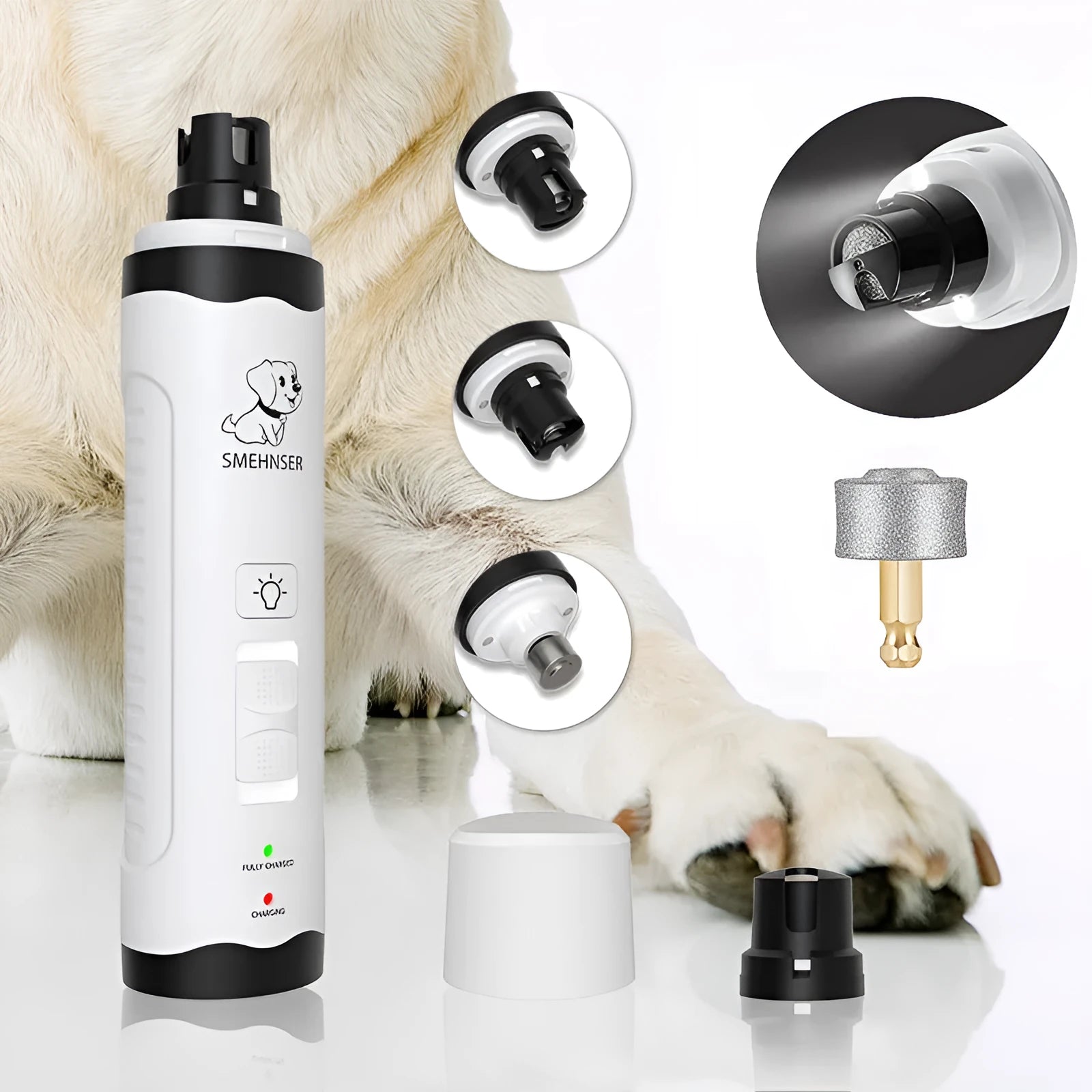 Electric dog nail grinder device showing LED indicators and LCD display for 3-speed pet nail trimming
