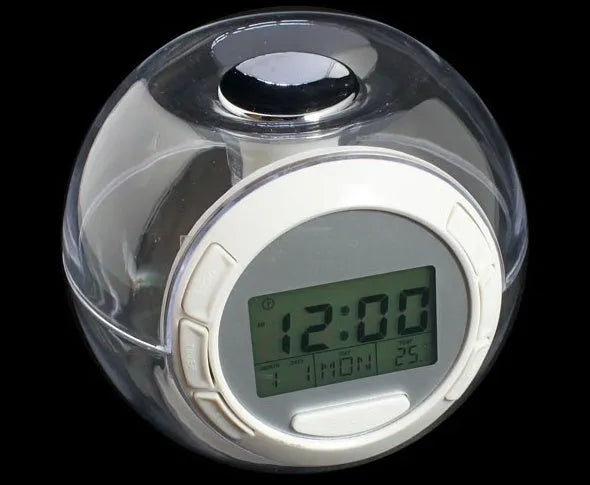 White colorful natural sound alarm clock with large LCD display and seven colour cycle light
