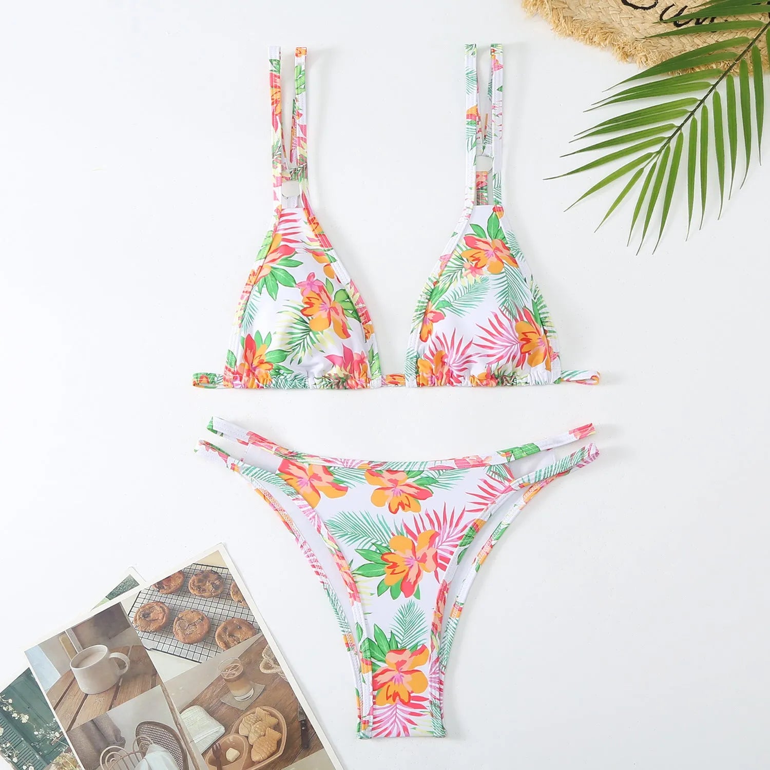 Women's floral printed halter briefs swim set in polyester fibre with backless design
