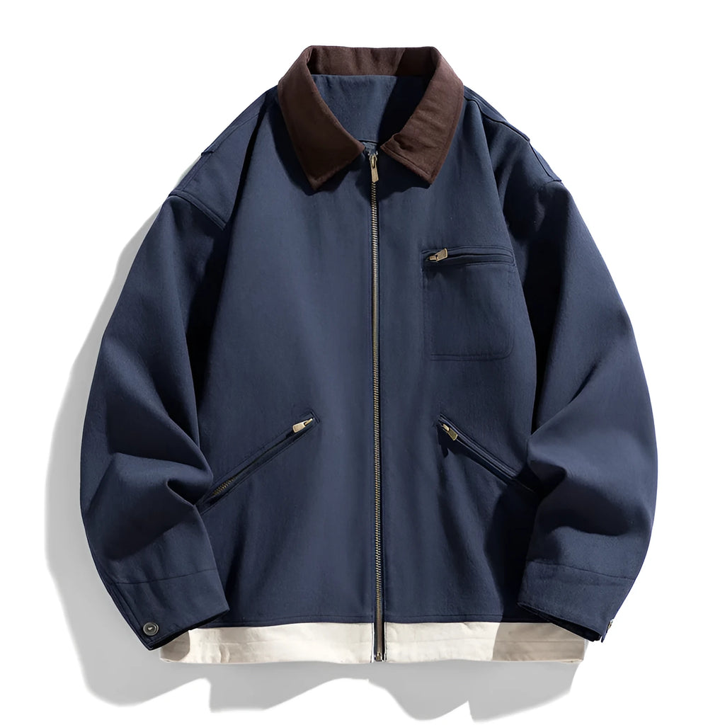 Men's Korean-style autumn jacket in loose retro workwear design with contrast lapels and side seam pockets