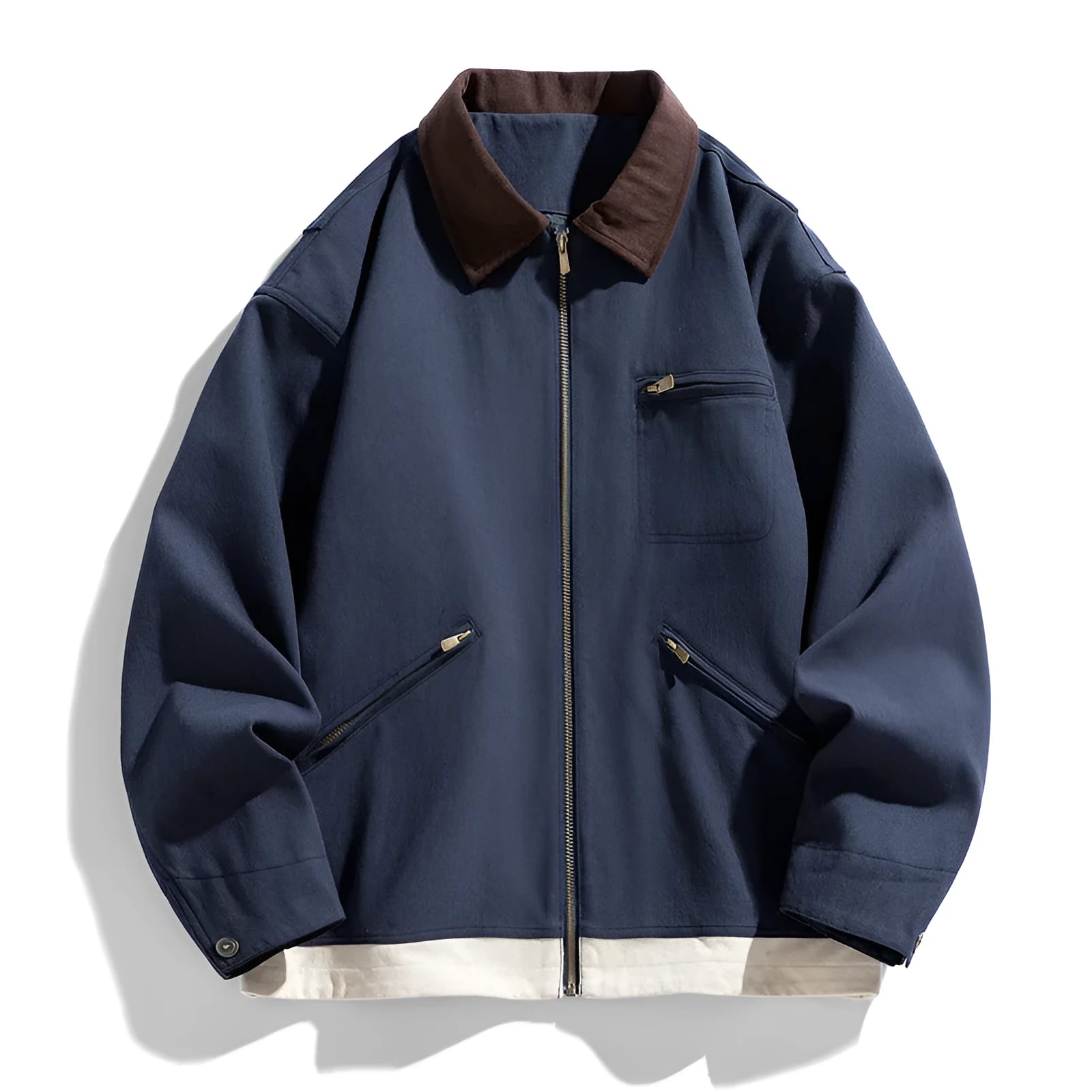 Men's Korean-style autumn jacket in loose retro workwear design with contrast lapels and side seam pockets
