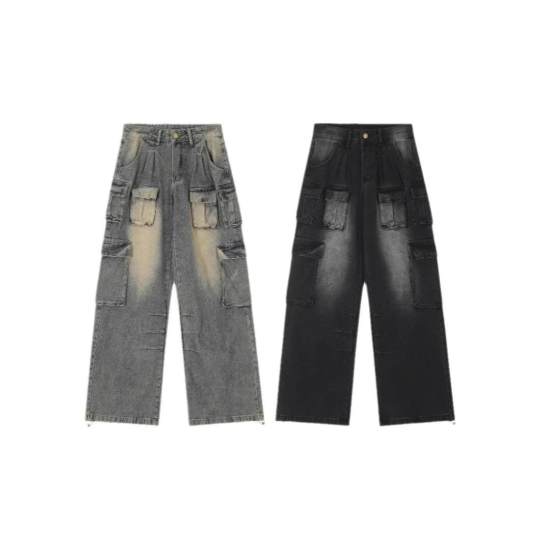 Multi-pocket loose distressed jeans in washed denim with straight-leg cut and tooling style pockets