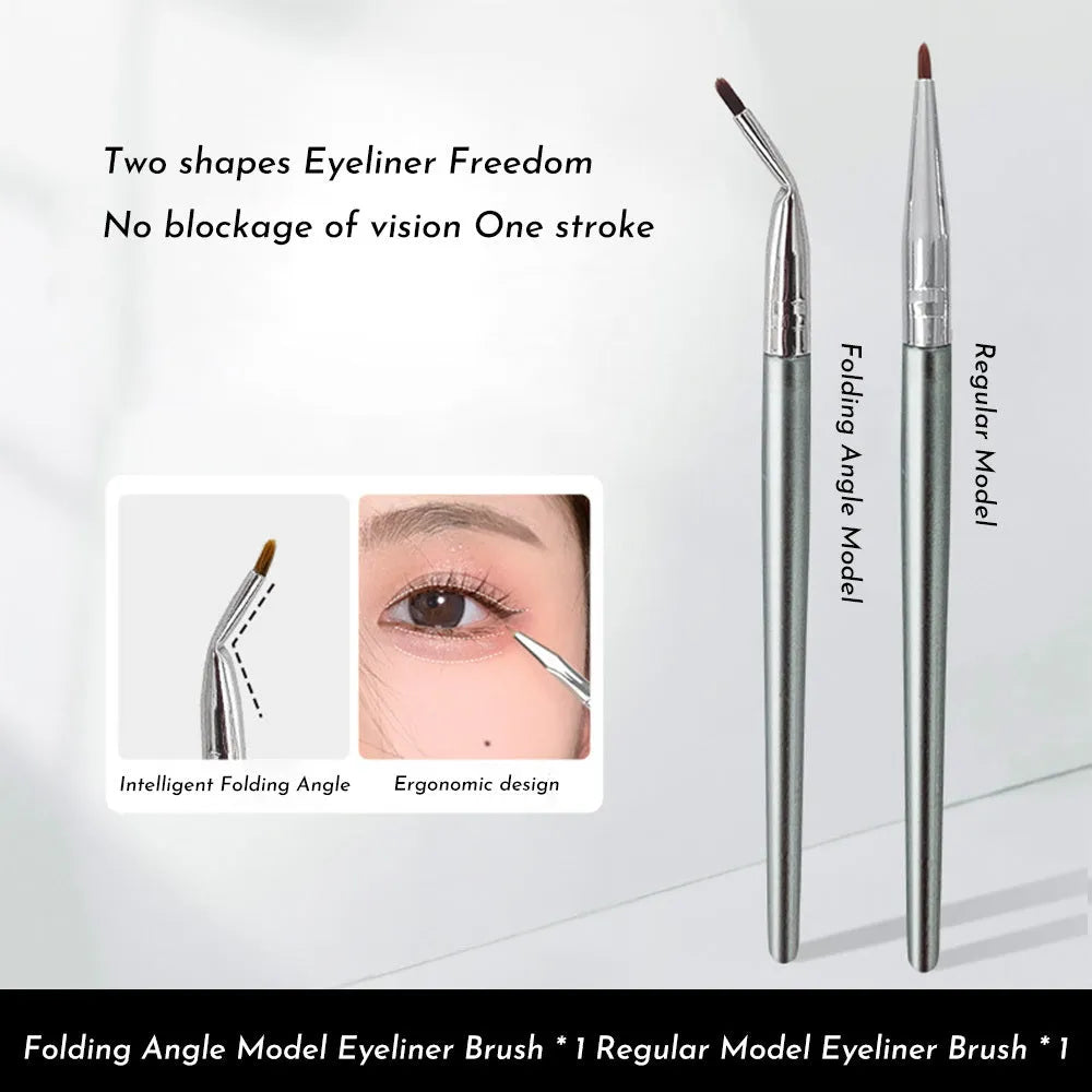Angled bend head eyeliner brush for under eye and tear trough makeup application