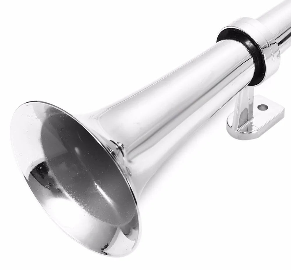 12V Loud Car Horn Single Trumpet No Air System Needed Suitable for Cars Trucks Boats Motorcycles 450mm Length 95mm Bell Chrome Finish Metal Plastic Silver 1.3kg 45x10x9.5cm 92dB 1% Distortion