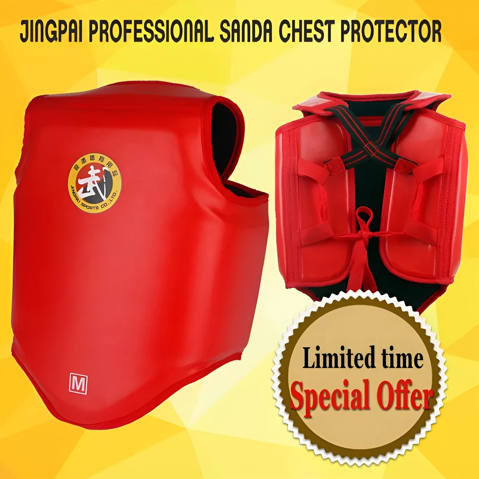 Red boxing helmet and chest protector set for martial arts training and competition
